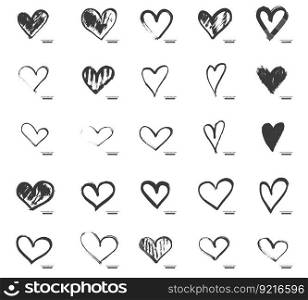 Hand Drawn Calligraphy Heart Set Isolated on White Background. Vector Illustration. 