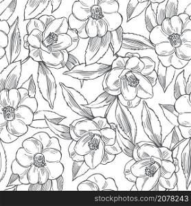 Hand drawn camellia flowers on white background. Vector seamless pattern. . Camellia flowers on white background.
