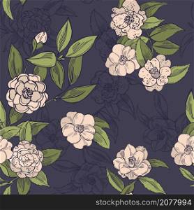 Hand drawn camellia flowers. Vector seamless pattern. . Camellia flowers. Vector pattern.