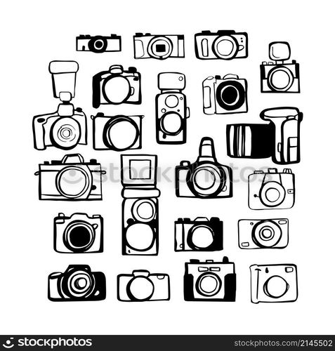 Hand drawn cameras. Vector sketch illustration. — Stockphotos.com