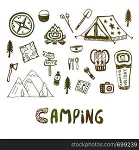Hand drawn camping elements. Summer vacation icons. Vector skethes. Hand drawn camping elements. Summer vacation icons. Vector skethes.