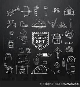 Hand drawn camping, hiking or mountain climbing icons set on black background with transparent wooden texture. Travel and adventure collection. Vector illustration.