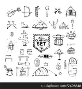 Hand drawn camping, hiking or mountain climbing icons set. Travel and adventure collection. Vector illustration. Objects isolated on white.