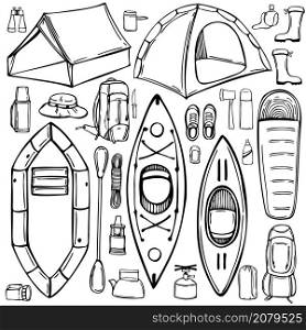 Hand drawn camping items set. Camping tents and boats. Vector sketch illustration.