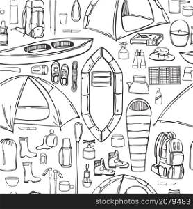 Hand drawn camping items set. Traveler backpack with survivor items and and other stuff for camping. Vector seamless pattern