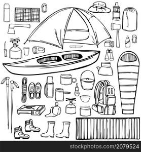 Hand drawn camping items set. Traveler backpack with survivor items and and other stuff for camping. Vector sketch illustration.