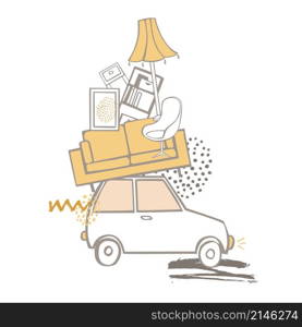 Hand drawn car with furniture. Relocation. Vector sketch illustration.. Moving truck and cardboard boxes. Relocation.