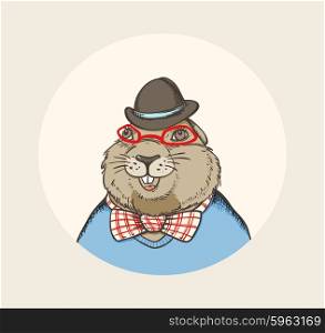 Hand drawn card for Groundhog Day with marmot hipster