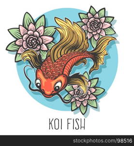 Hand drawn carp fish with lotus flowers drawn in tattoo style isolated on white. Vector illustration.