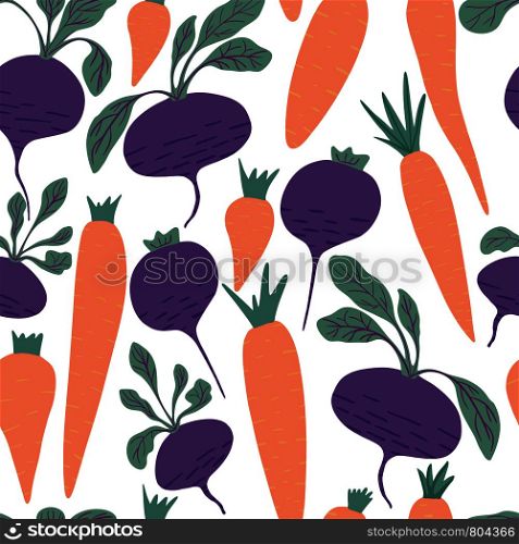 Hand drawn carrot and beet seamless pattern on white background. Doodle carrots and beetroot wallpaper. Design for fabric, textile print, wrapping paper, children textile. Vector illustration. Hand drawn carrot and beet seamless pattern on white background.