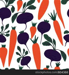 Hand drawn carrot and beet seamless pattern on white background. Doodle carrots and beetroot wallpaper. Design for fabric, textile print, wrapping paper, children textile. Vector illustration. Hand drawn carrot and beet seamless pattern on white background.