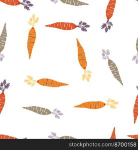 Hand drawn carrot seamless pattern. Doodle carrots wallpaper. Vegetarian healthy food backdrop. Design for fabric, textile print, wrapping paper. Vector illustration. Hand drawn carrot seamless pattern. Doodle carrots wallpaper.