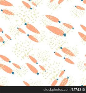Hand drawn carrot seamless pattern on white background. Doodle carrots backdrop. Botanical wallpaper. Design for fabric, textile print, wrapping paper, kitchen textiles. Modern vector illustration. Hand drawn carrot seamless pattern on white background. Doodle carrots backdrop.