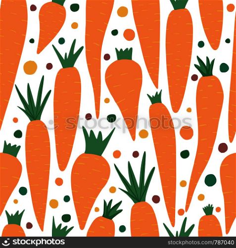 Hand drawn carrot seamless pattern on white background. Doodle carrots wallpaper. Design for fabric, textile print, wrapping paper, children textile. Vector illustration. Hand drawn carrot seamless pattern on white background. Doodle carrots