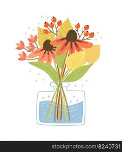 Hand-drawn cartoon bouquet with rowan branches and leaves in a vase. Pretty floral illustration for teachers day and other fall holidays. Seasonal design with autumn flowers.