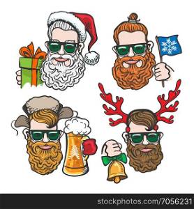 Hand drawn cartoon Hipsters with festive Christmas accessories isolated on white background. Vector illustration