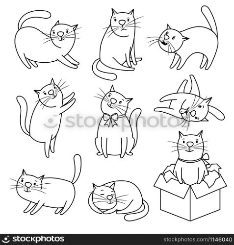 Hand drawn cat. Doodle cats isolated on white background, funny and happy cartoon kitty character vector sketch. Doodle sketch cats character set