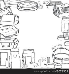 Hand drawn cat stuff set. Toys, food, and pet care accessories. Vector background. Sketch illustration.