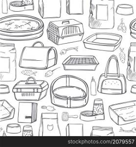 Hand drawn cat stuff set. Toys, food, and pet care accessories. Vector seamless pattern.