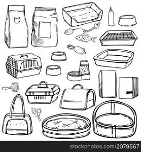 Hand drawn cat stuff set. Toys, food, and pet care accessories. Vector sketch illustration.. Hand drawn cat stuff set. Vector sketch illustration.