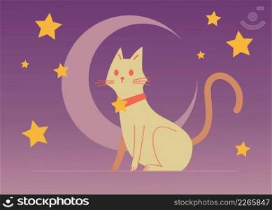 Hand drawn cat with moon and star