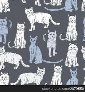 Hand drawn cats on grey background. Vector seamless pattern.