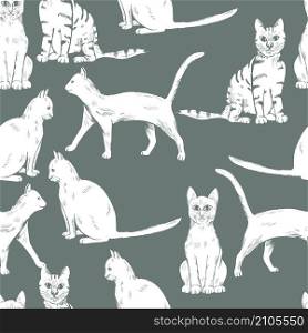 Hand drawn cats on grey background. Vector seamless pattern.. Cats on grey background. Vector illustration.