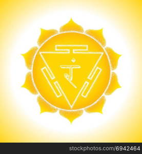 hand drawn chakra Manipura illustration. Vector third chakra Manipura sanskrit City of Jewels seed mantra Ram hinduism syllable lotus petals. Dot work tattoo style hand drawn white monochrome symbol yellow background for yoga meditation