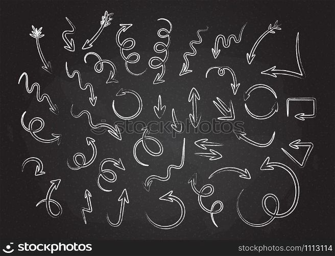 Hand drawn chalk style arrows collection vector illustration. Curves and spirals, round and twist arrows in grunge contour doodle style. Outline white chalked graphic set for sketchy infographic. Hand drawn chalk style arrows collection vector