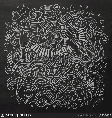 Hand-drawn chalkboard doodles Musical illustration. Line art detailed, with lots of objects vector background. Hand-drawn chalkboard doodles Musical illustration