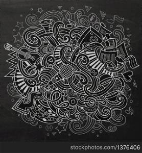 Hand-drawn chalkboard doodles Musical illustration. Line art detailed, with lots of objects vector background. Hand-drawn chalkboard doodles Musical illustration
