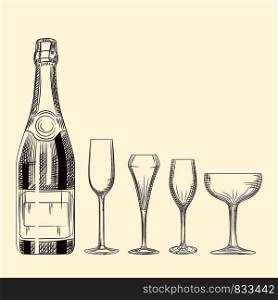 Hand drawn champagne bottle and glass. Engraving style on white background. Isolated objects. Vector illustration. Hand drawn champagne bottle and glass. Engraving style on white background.