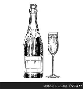 Hand drawn champagne bottle and glass. Isolated objects on white background. Engraving style. Vector illustration. Hand drawn champagne bottle and glass. Isolated objects