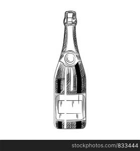 Hand drawn champagne bottle. Sparkling wine Isolated on white background. Engraving style. Vector illustration. Hand drawn champagne bottle. Sparkling wine Isolated on white background.