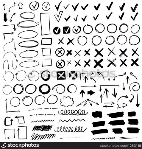 Hand drawn check signs. Doodle black check quality marks and underlines, cross, circles, arrow mark for list items, yes or no checklist vector checkmark icons. Hand drawn check signs. Doodle black check marks and underlines, cross, circles, arrow mark for list items, yes or no checklist vector icons