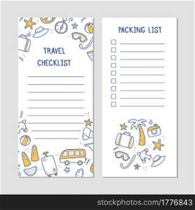 Hand drawn checklist of travel summer vacation elements, luggage, map, suitcase, sea star. Doodle sketch style. Travel element drawn by digital pen. Illustration for packing list card design template.