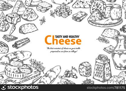 Hand drawn cheese background. Organic Italian food and snacks sketch, restaurant menu design. Vector outline table with traditional products for breakfast. Hand drawn cheese background. Organic Italian food and snacks sketch, restaurant menu design. Vector table with products