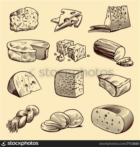Hand drawn cheese. Various types of cheeses. Tasty brie, mozzarella and parmesan appetizer foods. Doodle sketch vintage vector meal slices organic group dairy set. Hand drawn cheese. Various types of cheeses. Tasty brie, mozzarella and parmesan appetizer foods. Doodle sketch vintage vector set