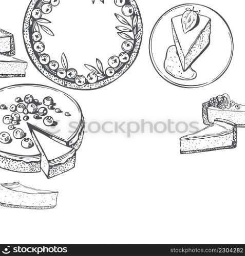 Hand drawn cheesecake set. Vector background. Sketch  illustration.. Cheesecake set. Vector background. 