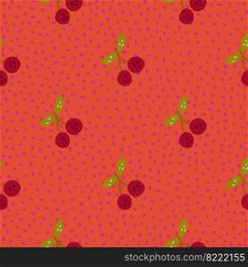 Hand drawn cherry berries and leaves seamless pattern. Hand drawn cherries wallpaper. Fruits backdrop. Design for fabric, textile print, wrapping paper, kitchen textiles, cover. Vector illustration. Hand drawn cherry berries and leaves seamless pattern. Hand drawn cherries wallpaper. Fruits backdrop.
