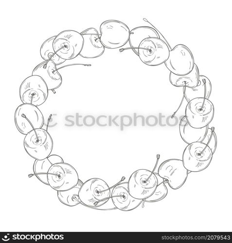 Hand drawn cherry in a circle on white background. Vector sketch illustration.. Hand drawn cherry. Vector illustration.