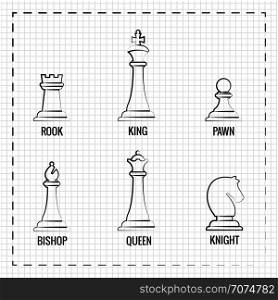 Hand drawn chess pieces line icons on notebook page. Vector illustration. Hand drawn chess pieces line icons