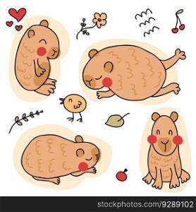 Hand drawn chibi capybara collection in doodle style. Perfect for tee, stickers, poster, card. Isolated vector illustration for decor and design.