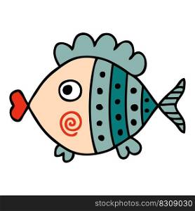 Hand drawn chibi fish in doodle style. Perfect for tee, stickers, poster, card. Isolated vector illustration for decor and design.