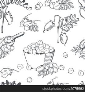 Hand drawn chickpeas plants and beans. Vector seamless pattern. . Chickpeas beans. Vector pattern.