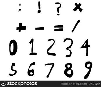 Hand Drawn Child Numbers and Basic Math Signs Black Bold, Vector Illustration. Hand drawn child English alphabet Black Bold