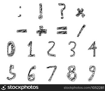 Hand Drawn Child Numbers and Basic Math Signs Filled Bold, Vector Illustration. Hand Drawn Child Numbers and Basic Math Signs Filled Bold