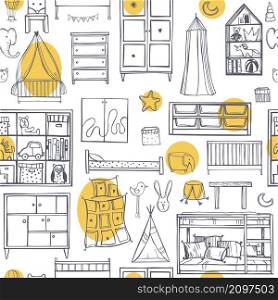 Hand-drawn child&rsquo;s room furniture. Vector seamless pattern