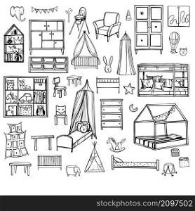 Hand-drawn child&rsquo;s room furniture. Vector sketch illustration. . Child&rsquo;s room furniture. Vector illustration.