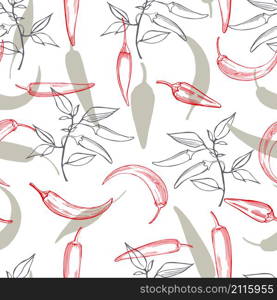 Hand drawn chili pepper. Vector seamless pattern.